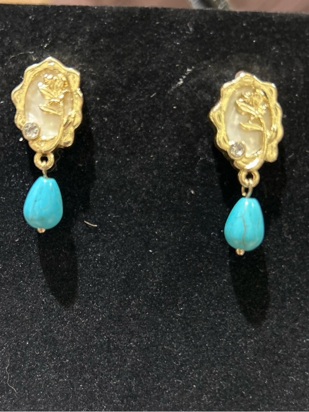 Gold color Floral Drop Earrings with Turquoise color Teardrops